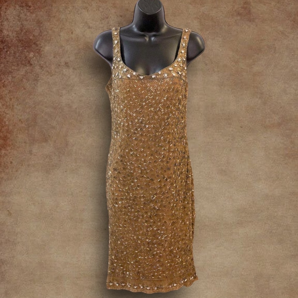 Badgley Mischka Gold Beaded Tank Mini Dress
